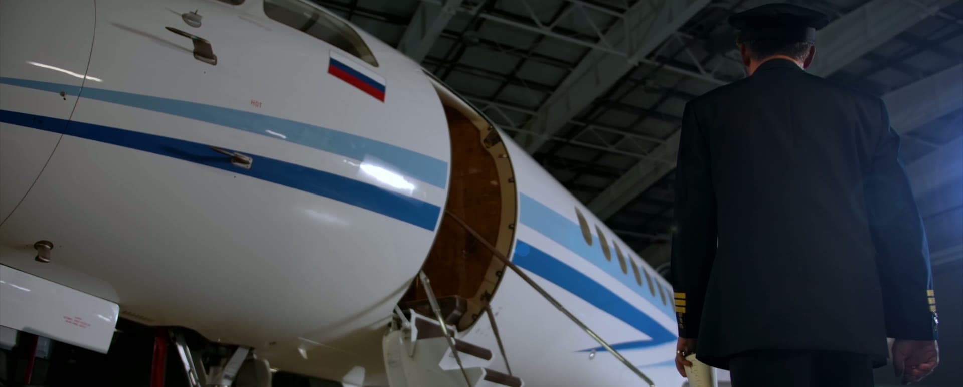 Commercial still: a plane in a hangar